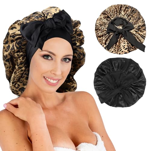 Classycoo 2 Stück Groß Schlafmütze Verstellbare Schlafkappe für Damen und Mädchen, Duschhaube zum Schlafen mit Gummizug - für Locken Sleep Cap für Lange Haare (Schwarz+Leopard) von Classycoo