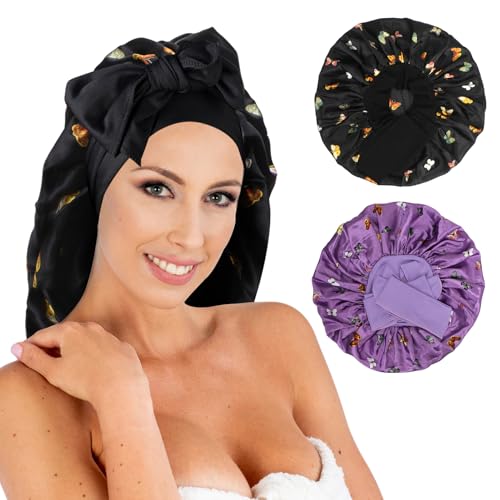 Classycoo 2 Stück Groß Schlafmütze Verstellbare Schlafkappe für Damen und Mädchen, Duschhaube zum Schlafen mit Gummizug - für Locken Sleep Cap für Lange Haare (Schwarz+Lila) von Classycoo