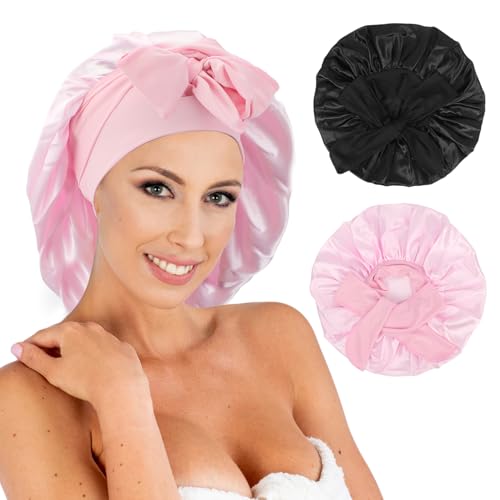 Classycoo 2 Stück Groß Schlafmütze Verstellbare Schlafkappe für Damen und Mädchen, Duschhaube zum Schlafen mit Gummizug - für Locken Sleep Cap für Lange Haare (Schwarz+Rosa) von Classycoo
