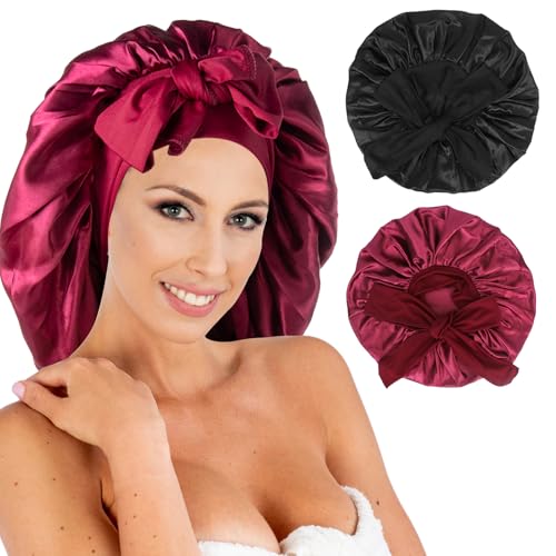Classycoo 2 Stück Groß Schlafmütze Verstellbare Schlafkappe für Damen und Mädchen, Duschhaube zum Schlafen mit Gummizug - für Locken Sleep Cap für Lange Haare (Schwarz+Rot) von Classycoo