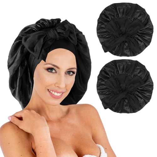 Classycoo 2 Stück Groß Schlafmütze Verstellbare Schlafkappe für Damen und Mädchen, Duschhaube zum Schlafen mit Gummizug - für Locken Sleep Cap für Lange Haare (Schwarz+Schwarz) von Classycoo