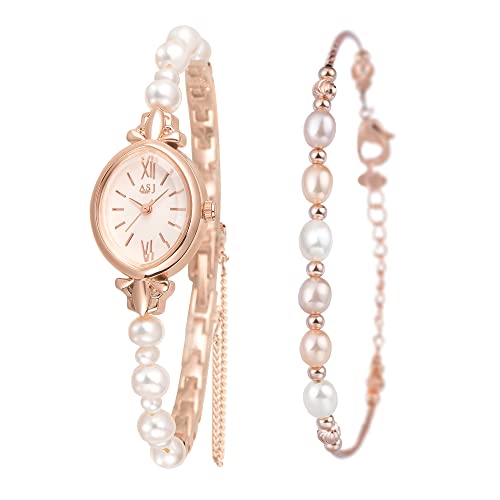 Clastyle Perlenuhren und Armband Set für Damen Rosegoldenes Damenuhren Ovales Zifferblatt Armbanduhren mit Perlenarmband Uhr Set Geschenk von Clastyle
