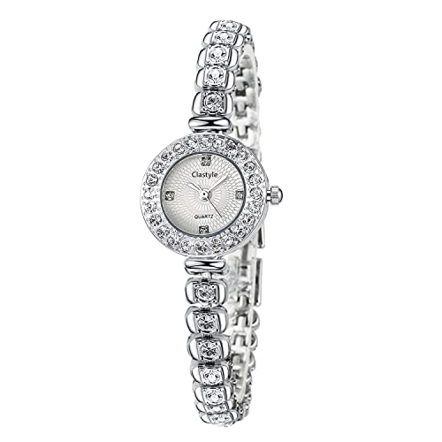 Clastyle Damenuhren Glänzender Strass Kleines Zifferblatt Quarz Feines Armbanduhren für Damen Silber Damenuhr Frauen Uhr Geschenk von Clastyle