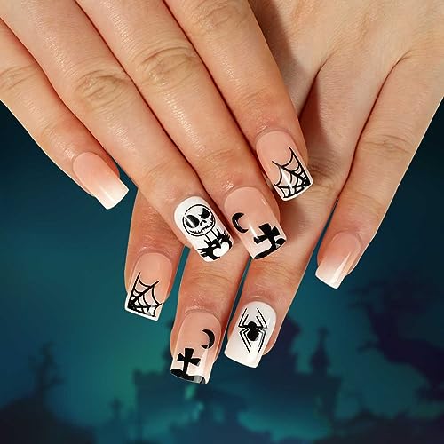 Clataly 24 Pcs Halloween gefälschte Nägel Spinnennetz Geister Mondkreuz Skelett Künstliche Nagelpresse auf Nägeln für Frauen Mädchen (C) von Clataly