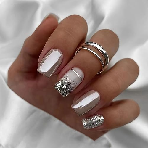Clataly 24 Pcs Quadratischer Silber Glitter Pulver Gefälschte Presse auf Falsche Tägliche Tragen Künstliche Nägel für Frauen von Clataly