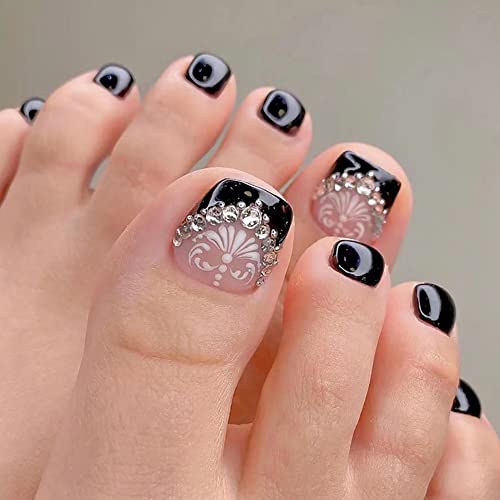 Clataly 24pcs Quadratische Kristallblumen Gefälschte Nägel Polierte Zehen Druck Kurze Nägel Acryl Falsche Zehen Künstliche Zehennägel für Frauen Mädchen (B) von Clataly