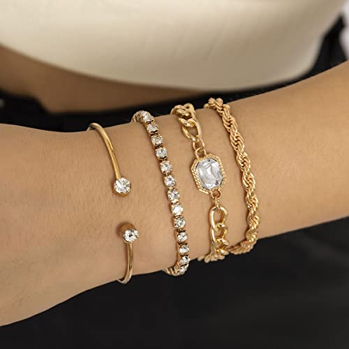 Clataly 4PCS Hip Hop Kristall Mode Armbänder Stapeln Hand Schmuck Zubehör für Frauen und Mädchen (Gold) von Clataly