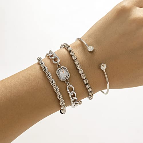Clataly 4PCS Hip Hop Kristall Mode Armbänder Stapeln Hand Schmuck Zubehör für Frauen und Mädchen (Silber) von Clataly