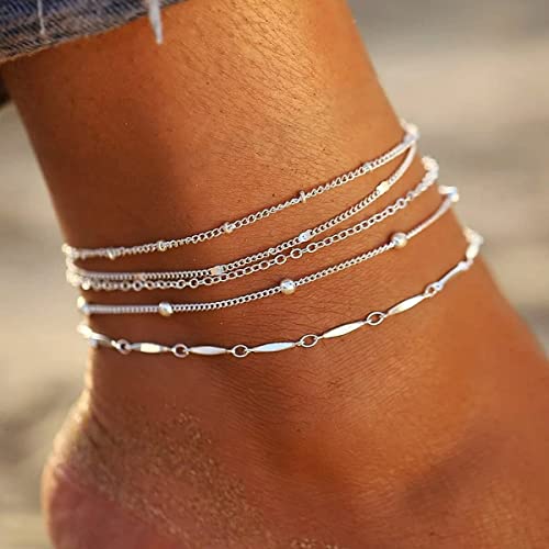 Clataly 5-teilige Fußkettchen Perlen Kette Fußkettchen Boho Mehrschichtige Fußkettchen Armbänder Strand Fuß Kette Schmuck für Frauen und Mädchen (Silber) von Clataly