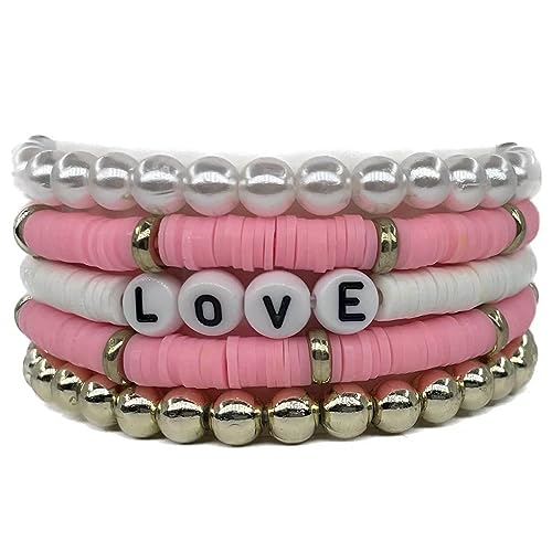 Clataly 5Pcs Bunte Weiche Keramik Armbänder Brief LIEBE Armbänder Stapelbare Elastische Perlen Armbänder Schmuck für Frauen Mädchen (Rosa) von Clataly