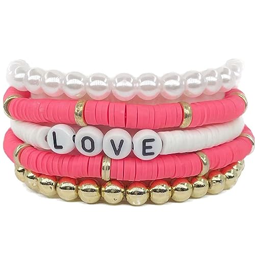 Clataly 5Pcs Bunte Weiche Keramik Armbänder Brief LIEBE Armbänder Stapelbare Elastische Perlen Armbänder Schmuck für Frauen Mädchen (Rosenrot) von Clataly