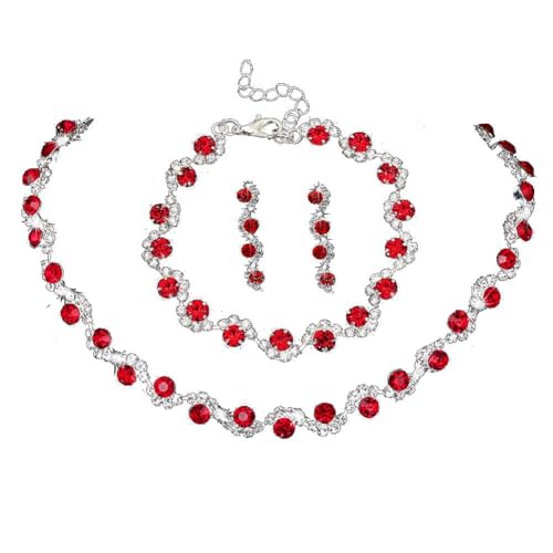 Clataly Braut Hochzeit Kristall Bunte Halskette Ohrring Set Silber Braut Halskette Frauen Schmuck (rot) von Clataly