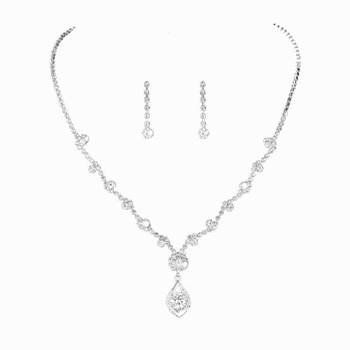 Clataly Braut Hochzeit Halskette Ohrringe Set Silber Kristall Strass Brautschmuck Zubehör für Frauen und Mädchen (Silber C) von Clataly