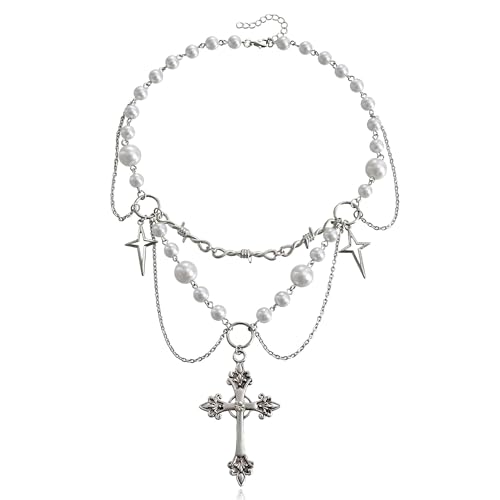 Clataly Crystal Cross Pearl Halskette Gothic Choker Kruzifix Anhänger Halskette Silber Perlen Schmuck für Frauen und Mädchen von Clataly