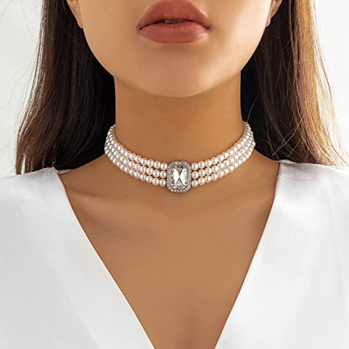 Clataly Damen Perlenkette Armbänder Vintage Runde Mehrschichtige Imitation Perle Choker Halsketten Brautschmuck (Perlenkette B) von Clataly