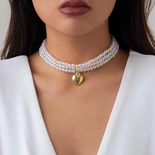 Clataly Damen Perlenkette Armbänder Vintage Runde Mehrschichtige Imitation Perle Choker Halsketten Brautschmuck (Perlenkette C) von Clataly