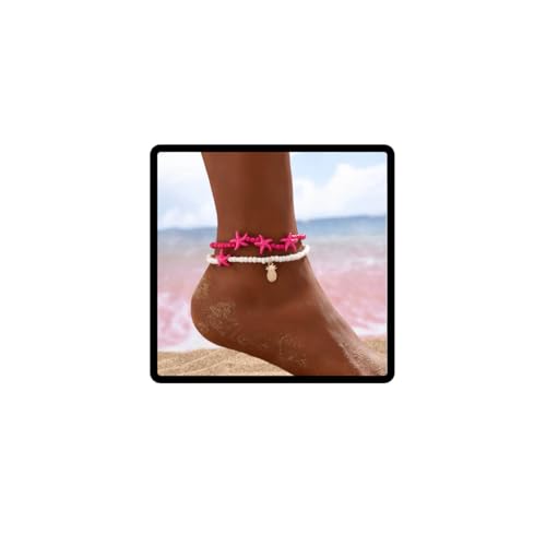 Clataly Doppelschichtige Seesterne Ananas Fußkettchen Sommer Strand Elastische Fuß Kette Schmuck für Frauen Mädchen (Rosa rot) von Clataly