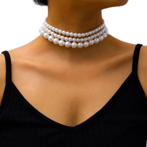 Clataly Damen Perlenkette Armbänder Vintage Runde Mehrschichtige Imitation Perle Choker Halsketten Brautschmuck (Perlenkette A) von Clataly