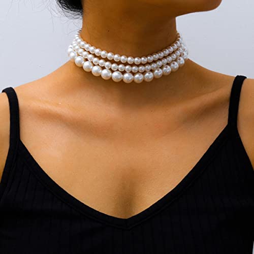 Clataly Damen Perlenkette Armbänder Vintage Runde Mehrschichtige Imitation Perle Choker Halsketten Brautschmuck (Perlenkette A) von Clataly