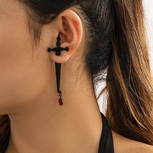 Clataly Gothic Ohrringe Langes Schwert Rotes Wasser Tropfen Ohrringe Kreuz Dolch Schraube Zurück Ohrring Clip Jugend Ohrringe (Einzelohrringe) (Schwarz) von Clataly