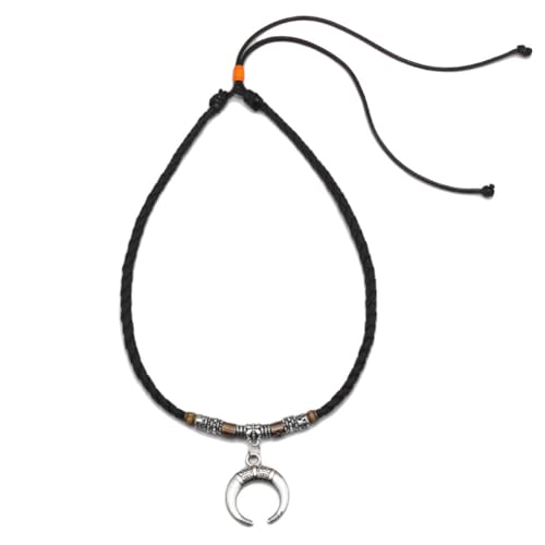 Clataly Halskette mit Halbmond-Anhänger, Vintage-Stil, mit Perlen, gewebtes Seil, Pulloverkette, verstellbare Lederschnur, Schmuck für Damen und Mädchen, Einheitsgröße, Metall von Clataly