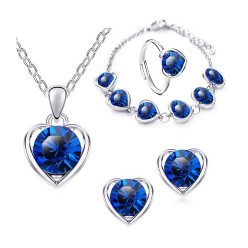 Clataly Herz Kristall Halskette Ohrringe Armband Ring Set Liebe Anhänger Halskette Schmuck für Frauen und Mädchen (Blau) von Clataly