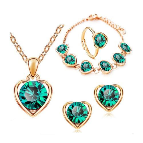 Clataly Herz Kristall Halskette Ohrringe Armband Ring Set Liebe Anhänger Halskette Schmuck für Frauen und Mädchen (Grün) von Clataly