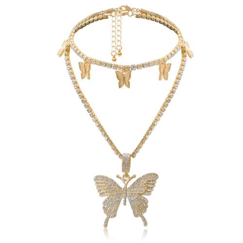 Clataly Kristall Schmetterling Anhänger Halsketten Sparkly Strass Schmetterling Layered Choker Halskette Einstellbarer Schmuck für Frauen und Mädchen (Gold) von Clataly