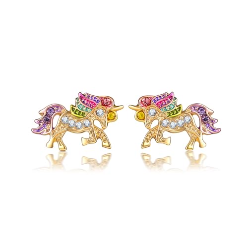 Clataly Regenbogen Einhorn Halskette Ohrringe Kristall Armbänder Schmuck für Frauen und Mädchen (Goldohrringe) von Clataly