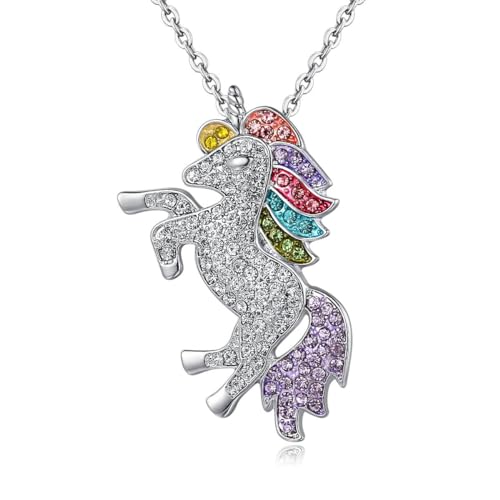 Clataly Regenbogen Einhorn Halskette Ohrringe Kristall Armbänder Schmuck für Frauen und Mädchen (Silberne Halskette) von Clataly