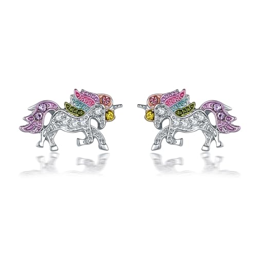 Clataly Regenbogen Einhorn Halskette Ohrringe Kristall Armbänder Schmuck für Frauen und Mädchen (Silberohrringe) von Clataly