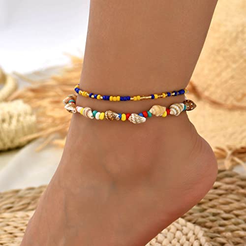 Clataly Sonne Mond Knöchel Armbänder Mehrschichtige Ananas Liebe Schildkröte Knöchel Perlen Sommer Zubehör Strand Fuß Schmuck für Frauen Mädchen (Farbige Muschel) von Clataly