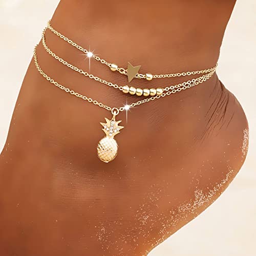 Clataly Sonne Mond Knöchel Armbänder Mehrschichtige Ananas Liebe Schildkröte Knöchel Perlen Sommer Zubehör Strand Fuß Schmuck für Frauen Mädchen (Gold Ananas Fußkettchen) von Clataly