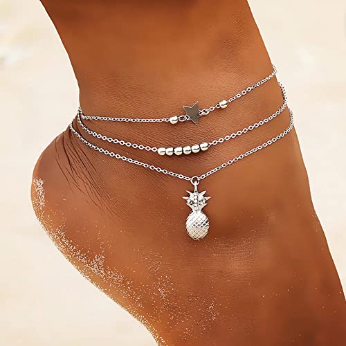 Clataly Sonne Mond Knöchel Armbänder Mehrschichtige Ananas Liebe Schildkröte Knöchel Perlen Sommer Zubehör Strand Fuß Schmuck für Frauen Mädchen (Silber Ananas Fußkettchen) von Clataly