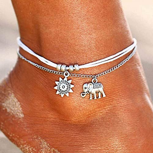 Clataly Sonne Mond Knöchel Armbänder Mehrschichtige Ananas Liebe Schildkröte Knöchel Perlen Sommer Zubehör Strand Fuß Schmuck für Frauen Mädchen (Solar Elefant Fußkettchen) von Clataly