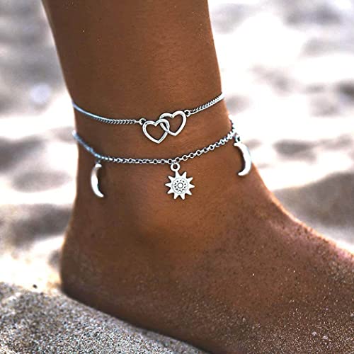 Clataly Sonne Mond Knöchel Armbänder Mehrschichtige Ananas Liebe Schildkröte Knöchel Perlen Sommer Zubehör Strand Fuß Schmuck für Frauen Mädchen (Sun Love Fußkettchen) von Clataly