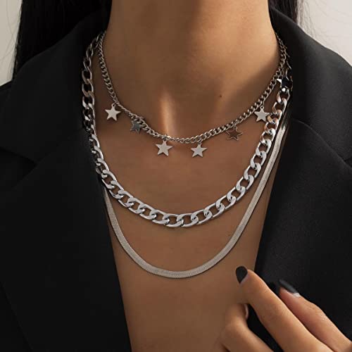 Clataly Stern Anhänger Halsketten Mehrschichtige flache Schlange Knochen Kette Frauen Paillette Anhänger Halskette (Silber B) von Clataly