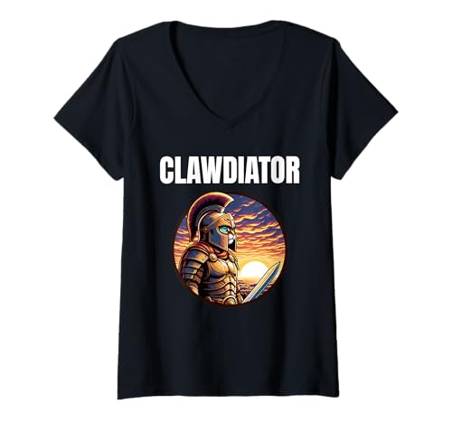 Damen Clawdiator Gladiator Katze T-Shirt mit V-Ausschnitt von Clawdiator Desgins