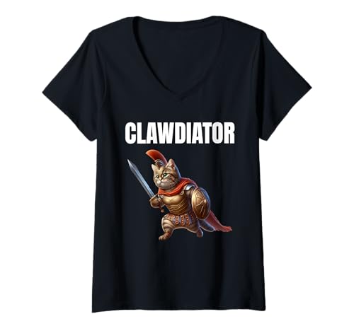 Damen Clawdiator Gladiator Katze T-Shirt mit V-Ausschnitt Damen Clawdiator Gladiator Katze T-Shirt mit V-Ausschnitt von Clawdiator Desgins