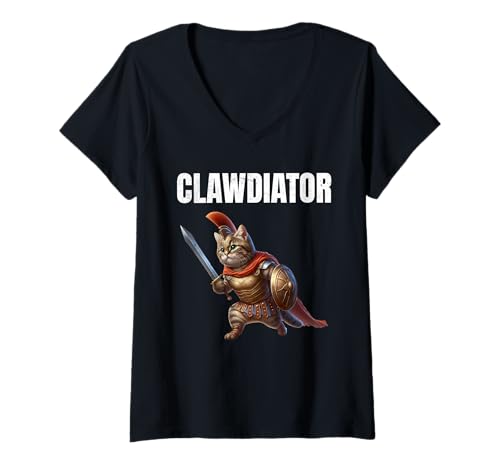 Damen Clawdiator Gladiator Katze T-Shirt mit V-Ausschnitt von Clawdiator Desgins