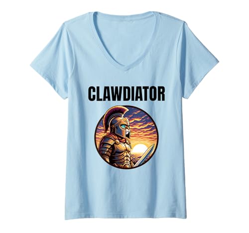 Damen Clawdiator Gladiator Katze T-Shirt mit V-Ausschnitt von Clawdiator Desgins