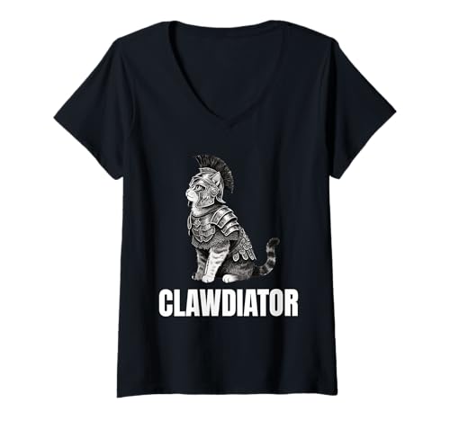 Damen Clawdiator Gladiator Katze T-Shirt mit V-Ausschnitt von Clawdiator Desgins