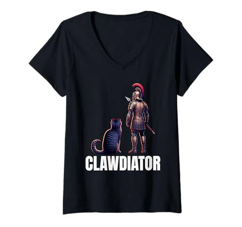 Damen Clawdiator Gladiator Katze T-Shirt mit V-Ausschnitt von Clawdiator Desgins