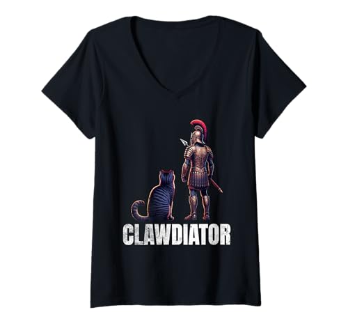 Damen Clawdiator Gladiator Katze T-Shirt mit V-Ausschnitt von Clawdiator Desgins
