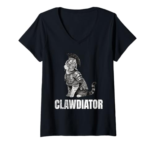 Damen Clawdiator Gladiator Katze T-Shirt mit V-Ausschnitt von Clawdiator Desgins