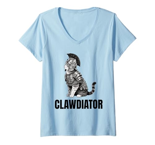 Damen Clawdiator Gladiator Katze T-Shirt mit V-Ausschnitt von Clawdiator Desgins
