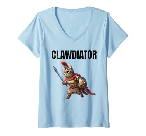 Damen Clawdiator Gladiator Katze T-Shirt mit V-Ausschnitt von Clawdiator Desgins