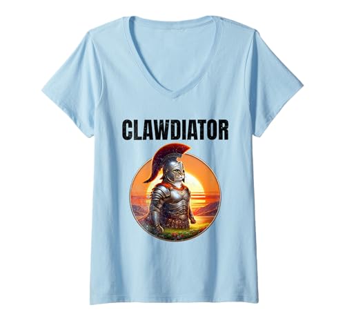 Damen Clawdiator Gladiator Katze T-Shirt mit V-Ausschnitt von Clawdiator Desgins