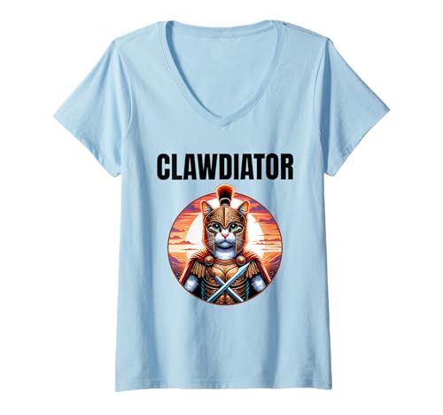 Damen Clawdiator Gladiator Katze T-Shirt mit V-Ausschnitt von Clawdiator Desgins
