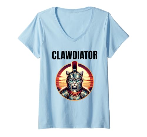 Damen Clawdiator Gladiator Katze T-Shirt mit V-Ausschnitt von Clawdiator Desgins